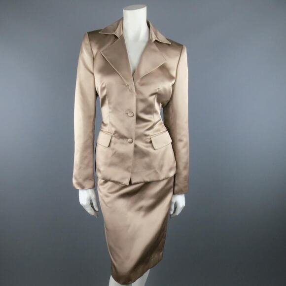 YVES SAINT LAURENT 10 Muted Mauve Beige Silk Satin Top Stitch Skirt Suit - Picture 1 of 1